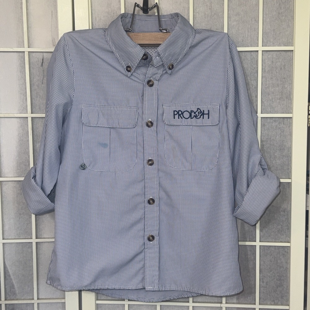 Prodoh Founders Kids Long Sleeve Button Up Fishing‎ Shirt Blue Vented Shirt 7/8